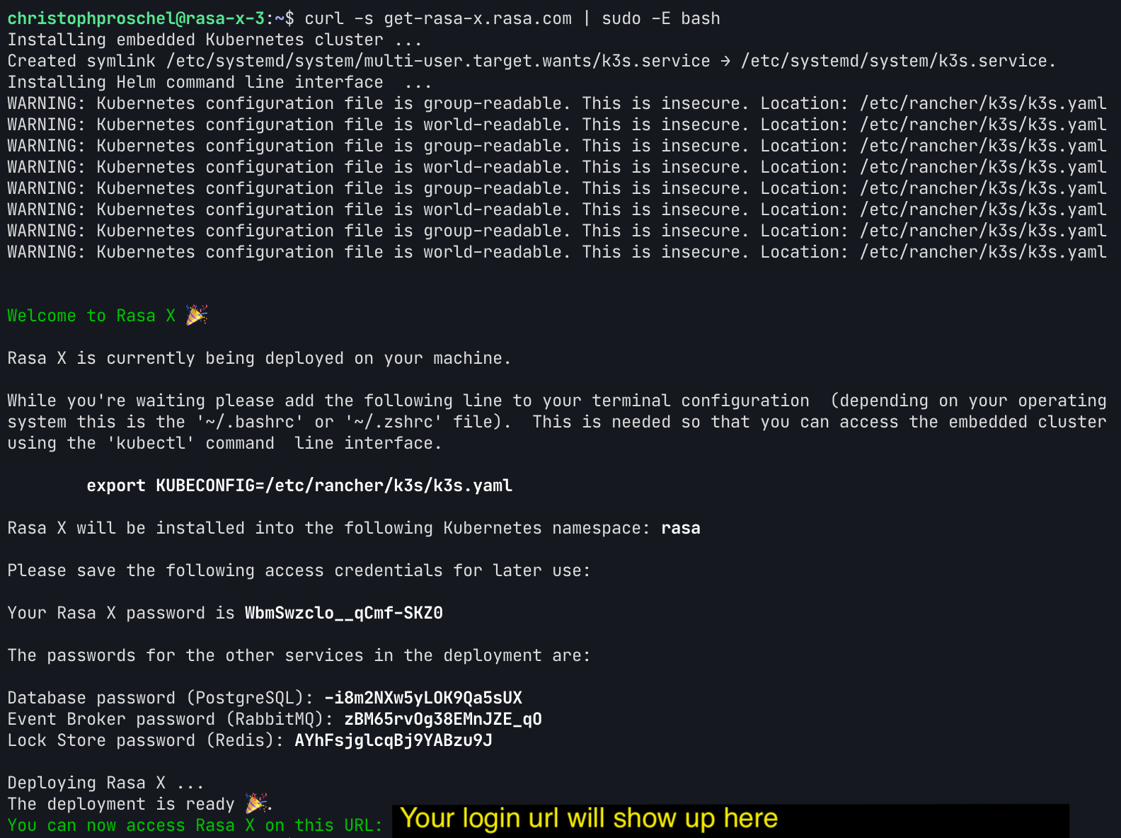 Console output when successfully installing Rasa X