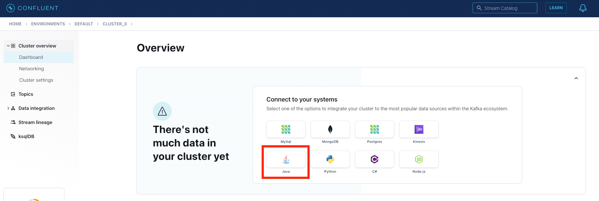 Screenshot of the cluster dashboard showing different clients that can be connected. The Java client is highlighted in red.