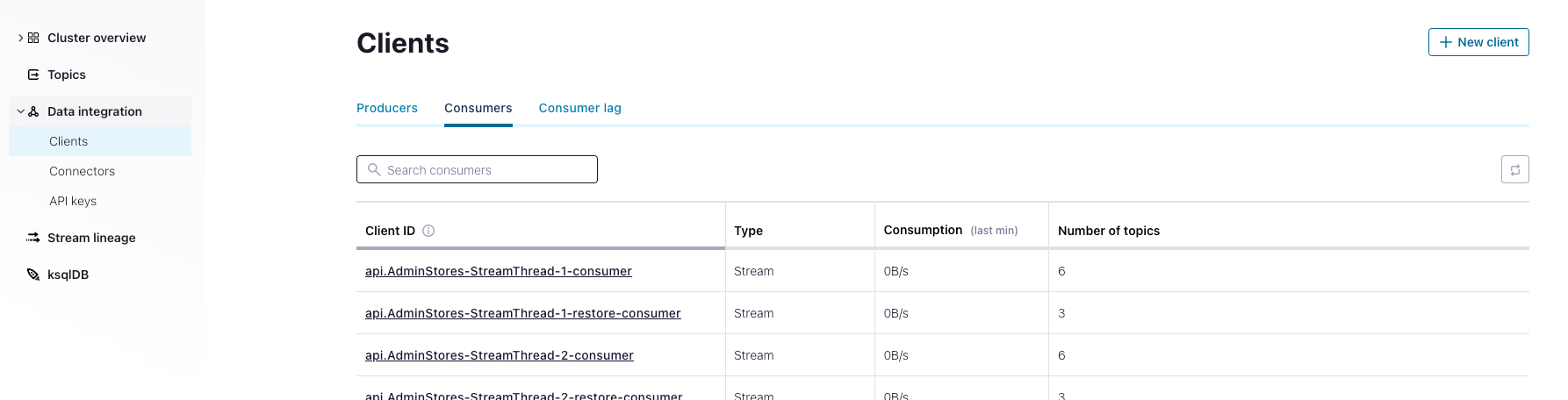 Screenshot of the clients view of your confluent cloud Kafka cluster showing Airy streaming apps