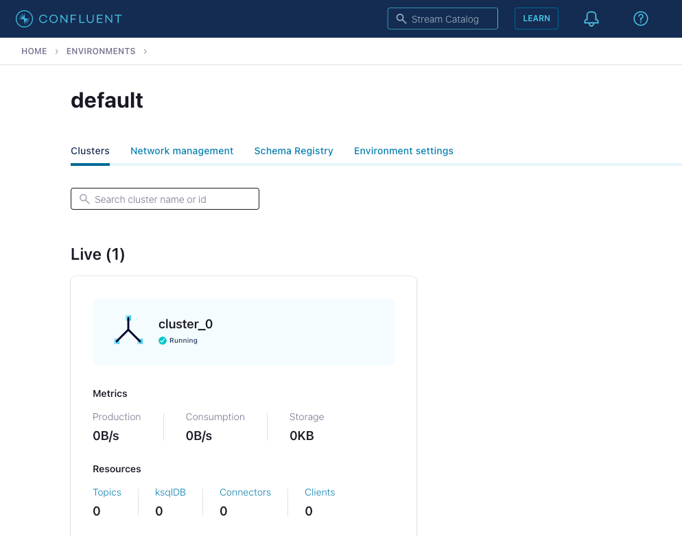 Screenshot of the Confluent cloud dashboard showing one Kafka cluster with no data running